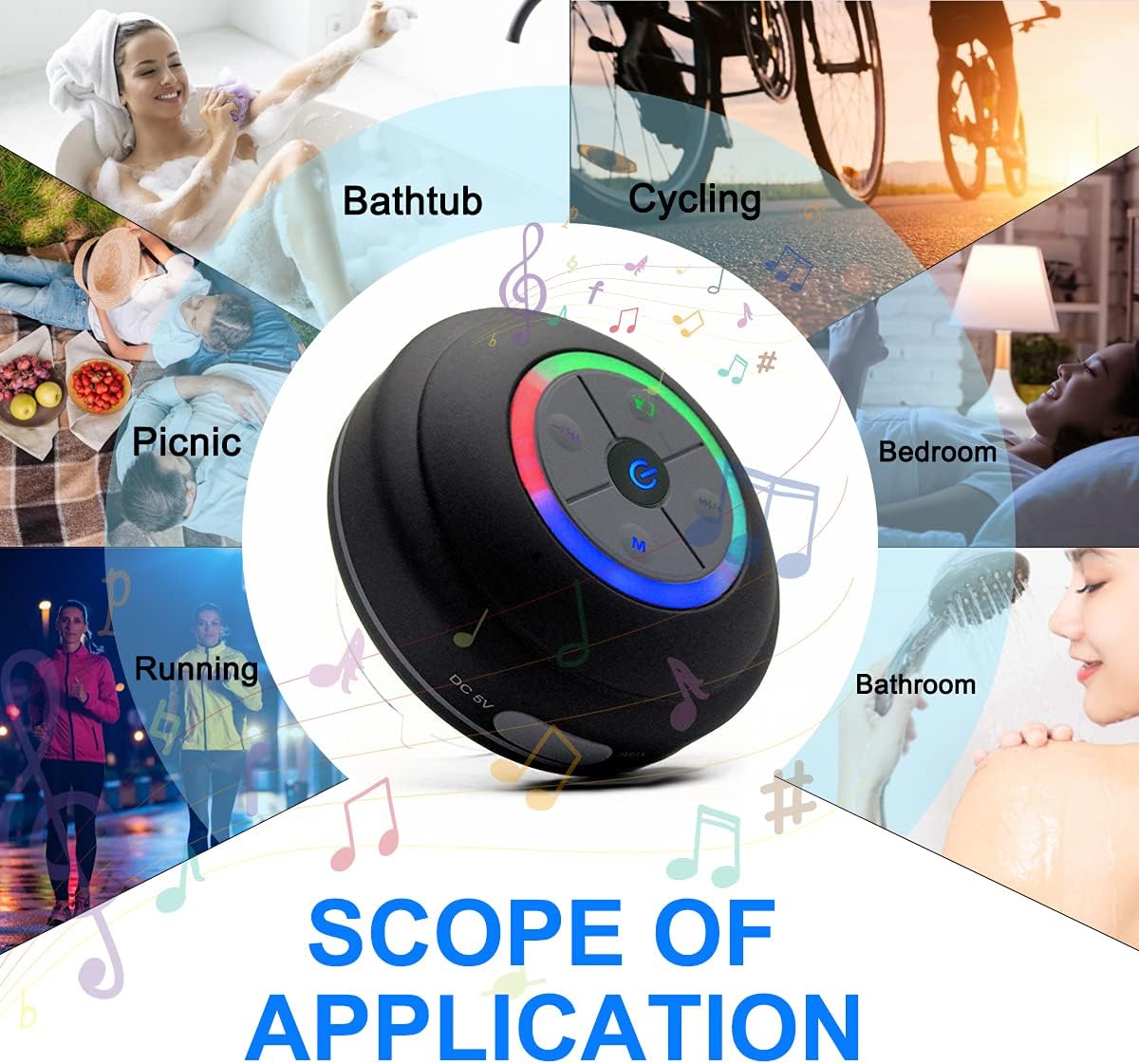 Bluetooth Waterproof Shower Speaker with Suction Cup & Colorful Lights